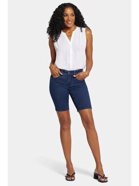 Nydj Ella Denim Bermuda Shorts With Side Slits Stretch Comfort Fit Navy Blue 6